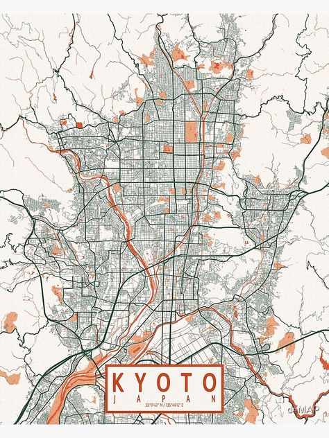 Map Of Kyoto, Qgis Map Design, Kyoto Map, Honshu Japan, City Map Design, Place Japan, Bohemian Poster, Cartography Art, Japan Graphic Design