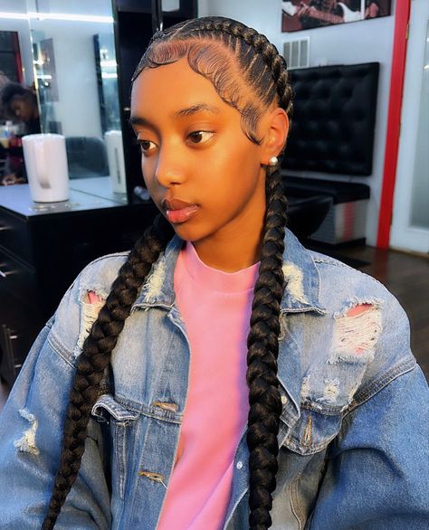 Two Big French Braids, Box Braids With Dramatic Edges, Two Long French Braids Black Women, Two Dutch Braids With Curls, Two Braids Black Girls Hair, Big Dramatic Edges, Two Cornrow Braids With Curls, Black Girls Hairstyles Two Braids, 2 Braids With Dramatic Edges