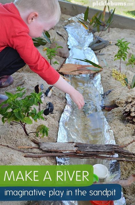 Make a River - imaginative play in the sand pit! Sand Play Ideas Outdoor, Sand Pit Ideas Eyfs, Sandpit Ideas Childcare, Sandpit Activities, Sandbox Activities, Sand Pit Ideas, Sandpit Ideas, Water Dam, Play Area Backyard