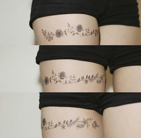 Thy band beautiful tattoo Thigh Garter Tattoo, Thigh Band Tattoo, Simple Leg Tattoos, Leg Band Tattoos, Thigh Band, Wrap Around Tattoo, Tato Minimal, Floral Thigh Tattoos, Hip Thigh Tattoos