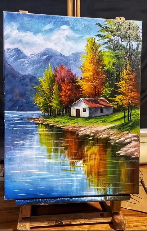 Jun Das Landscape Acrylic Painting For Beginners, Nature Canvas Painting Ideas, Canvas Art Landscape Acrylic Paintings, Scenic Painting Ideas, Acrylic Paint Landscape, Acrylic Painting Ideas On Canvas Nature, Landscapes To Paint, Simple Landscape Paintings, Nature Acrylic Painting