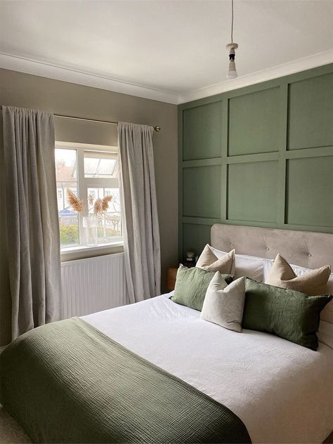 Green Panelling Bedroom Ideas, Sage Green And White Panelling, Olive Coloured Bedroom, Bedroom Panelling Sage Green, Olive Green And Beige Bedding, Olive Green Bedroom Feature Wall, Green Panel Wall Bedroom, Sage Green Bedroom With Panelling, Forest Green Bedroom Furniture