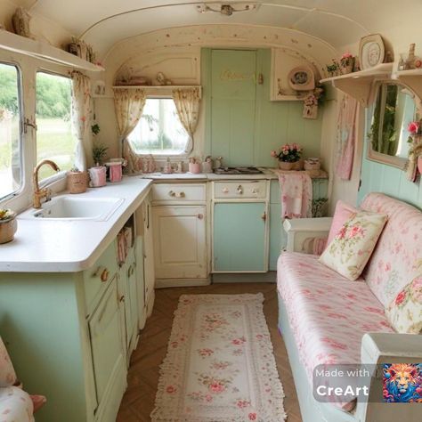 Cute Camper Interior, Shabby Chic Caravan, Shabby Chic Campers, Trailer Glamping, Vintage Motorhome, Vintage Trailer Interior, School Bus Tiny House, Camper Interior Design, Bus Ideas