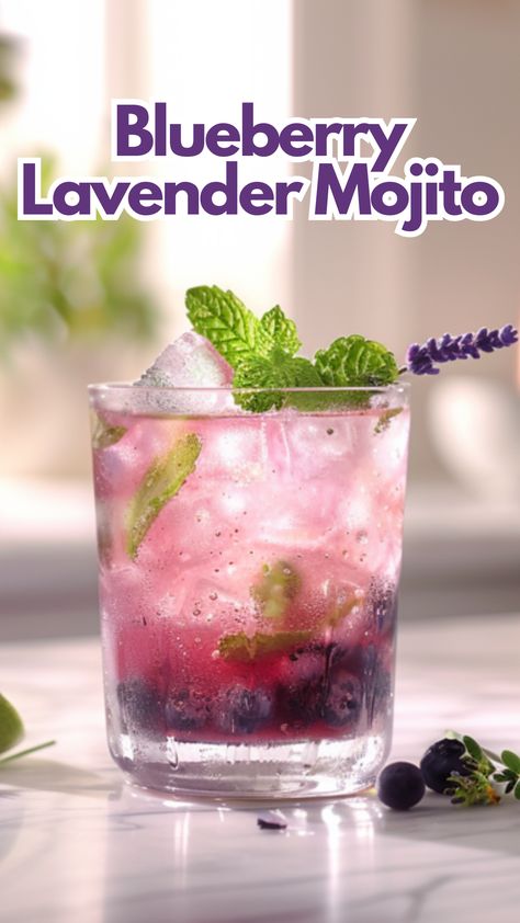 Enjoy a refreshing twist on a classic with this Blueberry Lavender Mojito. Perfect for warm weather, this cocktail combines sweet blueberries, aromatic lavender, and crisp mint for a delightful drink. It's an ideal choice for relaxing or entertaining. via @mybartender Lavender Mojito, Traditional Mojito Recipe, Blueberry Drink, Blueberry Mojito Recipe, Blueberry Drinks, Blueberry Lavender, Blueberry Vodka, Mint Cocktails, Blueberry Mojito