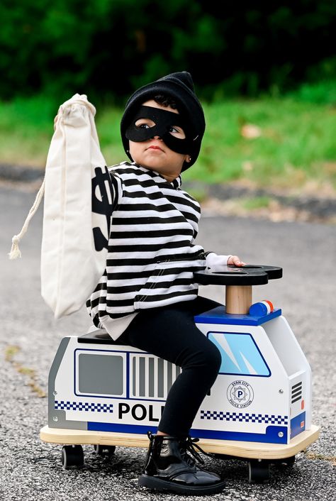 Kids robber costume Halloween Toddler Costumes Boy, Burgular Costume, Kids Homemade Halloween Costumes, Coordinating Costumes, Kids Halloween Costumes For Boys, Kids Police Officer Costume, Cops And Robbers Costume, Bank Robber Costume