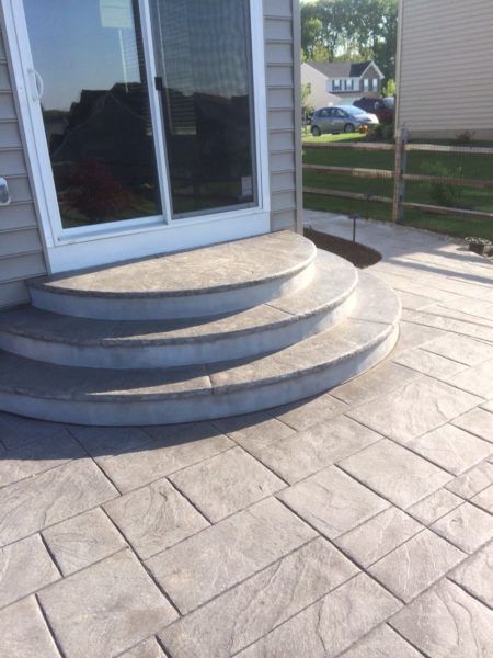 Gallery - Morrison Custom Concrete Concrete Patio Off Deck Ideas, Concrete Patio Stamped, Stamped Concrete Patio With Steps, Concrete Patio Steps From House, Stamped Concrete Front Steps, Elevated Concrete Patio, Large Concrete Patio Ideas, Modern Stamped Concrete Patio, Concrete Patio Steps