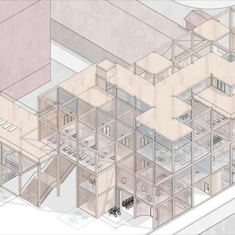 Designing a community center for International Students Flexible Architecture Spaces, Modular Structure Architecture, Grid Structure Architecture, Co Housing Architecture Concept, Modular Structure Design, Structural Grid Architecture Plan, Modular Apartment Architecture, Modular Architecture Design, Modular Building Design