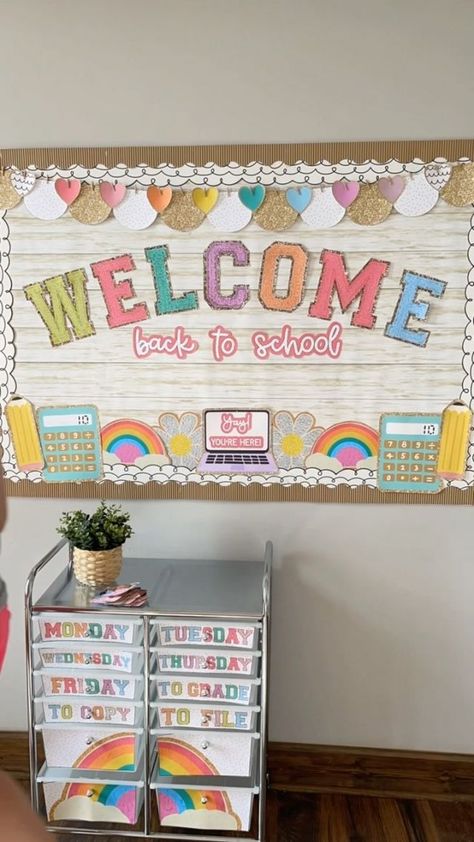 Classroom Bulletin Boards Rainbow, Classroom Bulliten Boards, Welcoming Classroom Decor, Calm Classroom Color Palette, Rainbow Classroom Decor Ideas, Modern Rainbow Classroom, Pink And Orange Classroom Decor, Stoney Clover Classroom Decor, Pastel Rainbow Classroom Decor