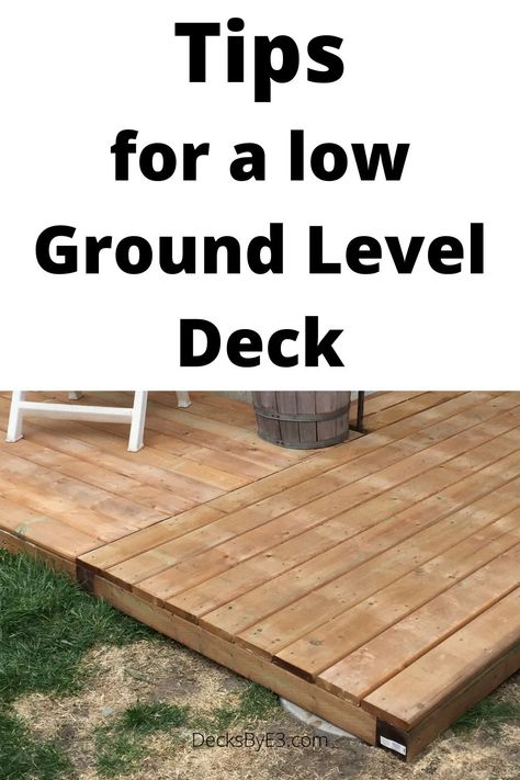 A ground-level deck can be built from 2×4 if the span is less than 5’8″ (1.72m), using ground contact treated lumber. Under a 2×4 deck, the ground will need to be covered to prevent weed growth through the decking on such a low deck. The decking needs to be designed for ground contact or sufficiently raised off the ground to prevent rot. Low Level Deck Ideas, Building A Deck On The Ground, Ground Level Decks Backyard, Platform Deck Ideas Ground Level, Small Ground Level Deck Ideas, Decks On The Ground, Small Platform Deck, How To Build A Deck On The Ground, Low Decks Backyard Ground Level