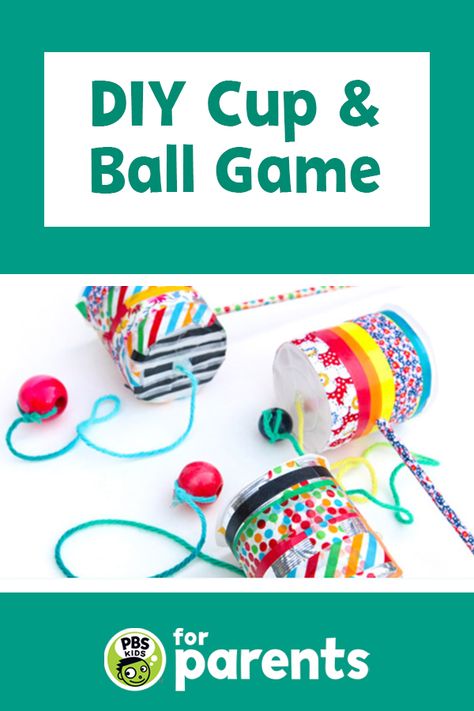 Challenge your child with this DIY version of the classic Cup and Ball game! Design custom cups and have a family tournament.  #PBSKIDS #PBSKIDSforParents #summeractivities Ball And Cup Game Diy, Ball In Cup Game, Cup And Ball Game, Cup And Ball Game Diy, Colonial Games, Milk Bottle Diy, Cup Games, Harvest Fest, Diy Summer Crafts