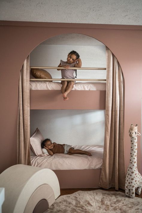 DIY ARCHED BUNK BED | Birthday Gift | HomeOfTheHarveys.com Upholstered Bunk Bed, Kids Bedroom Bunk Beds, Kids Room Bunk Bed, 3 Bed In One Room Ideas, 3 Beds In One Room Ideas, Fun Bunk Beds, Bunk Bed Girls Room, Girls Room Bunk Beds, Bunk Bed Diy