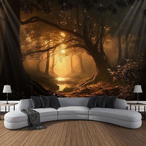 Wallpaper Murals Bedroom, Forest Mural Bedroom, Mountain Bedroom Decor, Treehouse Room, Tapestries Bedroom, Forest Room Decor, Forest Room, Landscape Tapestry, Large Tapestry