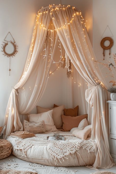 29 Cozy Boho Style Bedroom Ideas 6 Corner Bed With Canopy, Fairy Lights Curtain Bedroom, Fairy Light Canopy Bedroom, Fairy Theme Bedroom Ideas, Boho Cozy Corner, Sage Green Cottage Core Bedroom, How To Hang Fairy Lights, Rest Corner Ideas, Fairy Lights Bed