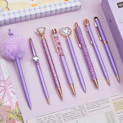 Amazon.com : WEMATE 8Pcs Ballpoint Pens Set Purple Pens Set Purple Ballpoint Pen Bling in Black & Blue Metal Crystal Diamond Pen for Journaling Glitter Fancy Pens Gifts for Women Wedding Office : Office Products Elegant Writing, Purple Desk, Cute Writing, Purple Pen, Fancy Pens, Pen Set Gift, Pretty Pens, Diamond Pen, Metal Pen