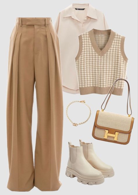 beige, cream and brown fall/ autumn outfit Style With Cream Pants, Khaki Trousers Outfit Aesthetic, Fall Outfits Beige Pants, Beige Brown Outfit Aesthetic, Brown Theme Outfit, What Goes With Beige Pants, Brown And Creme Outfit, Cream And White Outfits For Women, Tan And Cream Outfits