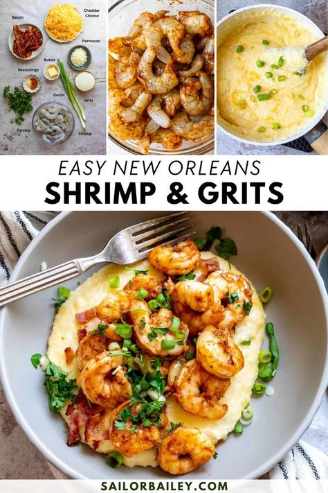 Enjoy a classic New Orleans shrimp and grits featuring cheesy grits topped with juicy Cajun shrimp and fresh herbs. A delicous and crowd-pleasing dinner or lunch ideas that is incredibly easy to make! Shrimp And Grits Recipe New Orleans, Grits Appetizer, New Orleans Shrimp And Grits, Best Shrimp And Grits Recipe, New Orleans Shrimp, Easy Shrimp And Grits, Southern Shrimp And Grits, Sailor Bailey, Cajun Shrimp And Grits