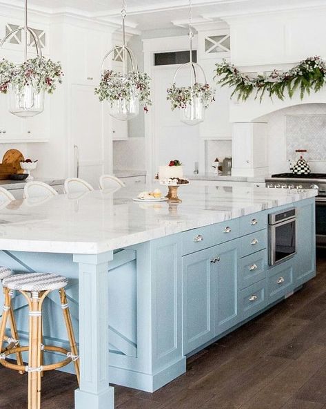 Loving the fresh pale blue island.  Image via Tumblr. Blue Cabinets, Classic Kitchen, Coastal Kitchen, Blue Kitchens, White Kitchen Cabinets, Large Kitchen, Counter Tops, Farmhouse Kitchen Decor, Küchen Design