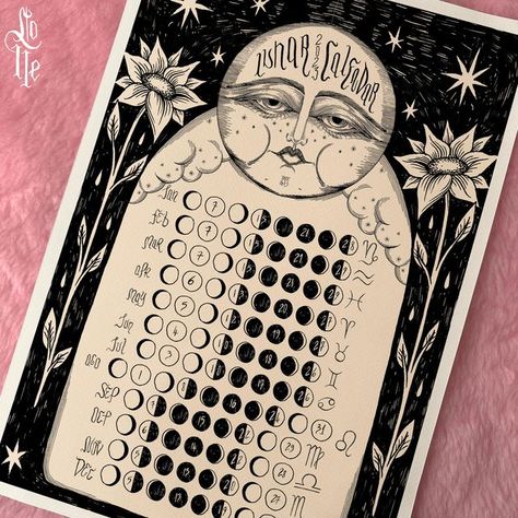 🎀 𝕷𝖔𝖑𝖑𝖊 🎀 on Instagram: "✧ it took a bit more then expected, but I made it! the 2023 Lunar Calendar is now available for download on my shop 🌙 || 👉🏻 link in my bio 🌜✨ ✶ an original Celestial themed ink illustration, representing the 2023 moon phases ♡ the artwork comes in two digital files : digital wallpaper (perfect to be used as background for your devices) and an high-res PDF, ready to be printed and used as wall art! 👌🏻 • ink on paper + procreate // digital editing and coloring Moon Phases Calendar, Digital Editing, Moon Phase Calendar, Moon Journal, Moon Calendar, Oracle Tarot, Lunar Calendar, Witchy Stuff, Ink Illustration