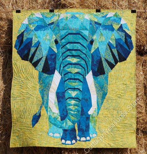 Blue Elephant Abstraction Quilt Violet Craft. Quilted by Cottage Treasures Quilting Craft Elephant, Elephant Quilts Pattern, Violet Craft, Elephant Quilt, Fabric Kit, Animal Quilts, Blue Elephant, Foundation Piecing, Elephant Pattern