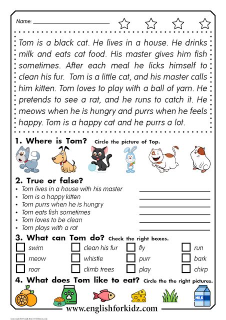 Reading comprehension worksheet - a short passage about a cat with questions and tasks. Reading And Questions Worksheets, 3rd Grade English Worksheets Reading Comprehension, Short Passages With Questions, Comprehension For Grade 3 Student, Reading For Grade 2 Student, Grade 1 Reading Worksheets, Reading Exercises, Short Reading Passage, 2nd Grade Reading Comprehension