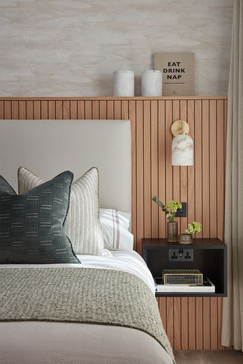 Modern Bedroom Headboard, Half Height Wall, Headboard Design Ideas, Bed Heads, Knightsbridge London, Feature Wall Bedroom, Headboard Design, Wall Panels Bedroom, Slatted Headboard