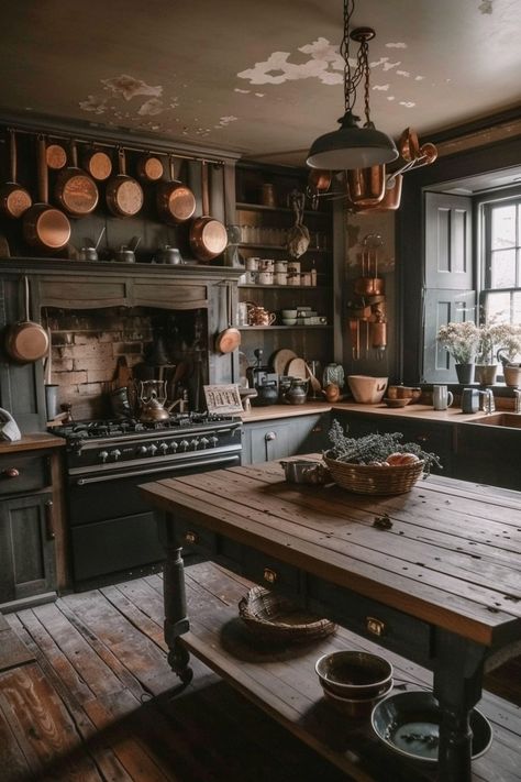 Kitchen Dark Cottage Interior Design, Dark Cottagecore Decor Kitchen, Hobbit Tavern, Gothic Farmhouse Kitchen, Dark Cottagecore Kitchen, Earthy Kitchen Decor, Victorian Homes Interior Kitchen, Victorian Kitchen Ideas, Fantasy Restaurant