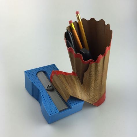 3D Printable Pencil Sharpener Desk Tidy             by Lloyd Roberts Giant Pencil, Paper Bag Design, Pencil Shavings, Diy Pencil, Flower Art Drawing, Pencil Cup, Desk Tidy, Geometry Art, Pens And Pencils