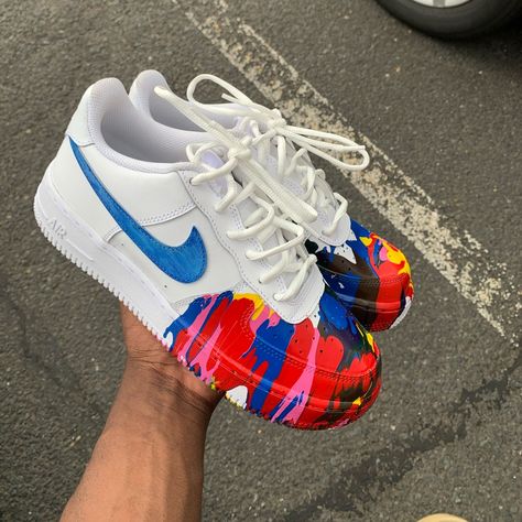 - Customized Splatter Front Air Force 1s Low - Sizes Available. - Done On Authentic White Air Force Ones. - Shoes And Labor Totaled. - Will Have A Splattered Front Look With A Blue Painted Nike Check. - Mails Once Custom Is 100% Completed. - Comment For Questioning. Sequin Sneakers, White Air Force Ones, Nude Sneakers, Nike Shoes Blue, Grey Tennis Shoes, Nike Fashion Sneakers, Painted Shoes Diy, Custom Sneakers Diy, Dripping Paint