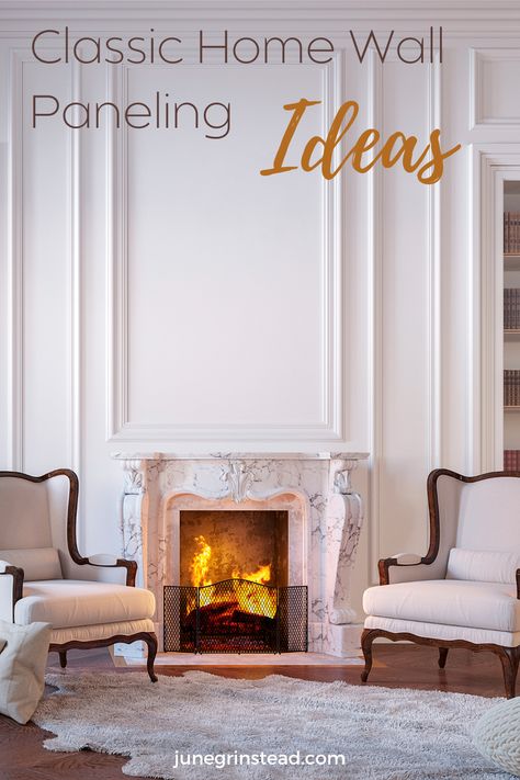 White Marble Fireplace Surround, White Wall Paneling, chairs by fire, rug in front of fireplace Wainscoting Fireplace Wall, Wall Paneling Dining Room, Dining Room Paneled Walls, Wood Wall Paneling Ideas, Bedroom Wainscoting Ideas, Paneling Walls Makeover, Wall Wainscoting Ideas, Raised Panel Walls, Classic Wall Panel