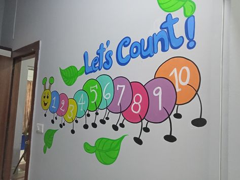 Wall Painting For Kindergarten School, Pre Nursery Class Wall Decoration, Kindergarden Wall Painting Ideas, Educational Wall Painting For School, Wall Painting For Preschool, Play School Wall Painting Ideas, Daycare Wall Murals, Wall Painting For Kindergarten, Kindergarten Classroom Wall Painting