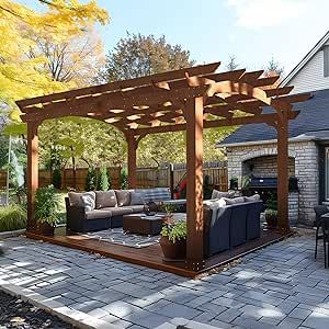 Yardenaler 10x12 FT Wooden Pergola, Cedar Wood Gazebo with Arched Roof, Outdoor Garden Shelter with Stakes Included, Patio, Deck, Backyard, Lawn Arched Roof, Garden Shelter, Pergola Outdoor, Deck Backyard, Cedar Pergola, Wooden Gazebo, Backyard Grilling, Wood Pergola, Pergola Garden