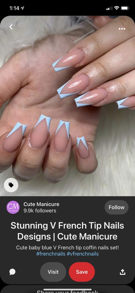 Blue Triangle French Tip Nails, Blue V French Tip Nails, Switzerland Nails, V Shaped French Tip Nails, V Cut French Tip Nails, V French Tip Nails, French Top, Spring Break Nails, French Tip Nail Designs