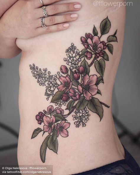 Olga Nekrasova, Lilac Tattoo, Color Shading, Flower Tattoo Arm, Inspiration Tattoos, Floral Tattoo Sleeve, Flower Tattoo Sleeve, Apple Blossoms, White Lilac