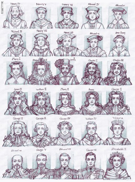 Something I had done years ago on A4 size paper. I think I skipped a few due to lack of space. Kings and Queens of England... Kings And Queens Of England, Queens Of England, Male Art Men, History Drawings, Costume Design Sketch, Queen Drawing, Henry Iv, A4 Size Paper, Armor Drawing