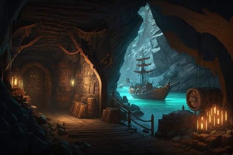 Pirate Setting Concept Art, Pirate Cove Concept Art, Pirate Cove Art, Pirate Cabin Concept Art, Pirate Bay Concept Art, Pirate Village Concept Art, Futuristic Pirate Ship, Pirate Island Concept Art, Pirate Ship Aesthetic