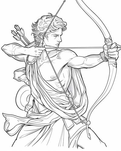 coloring page of Apollo as an archer Greek Roman Mythology, Greek Drawings Mythology Art, Greek Mythology Outline, Prometheus Illustration, Greek Gods Art Drawing, Achilles Sketch, Apollo Art Greek Mythology, Greek Gods Drawing, Greek Gods Drawings