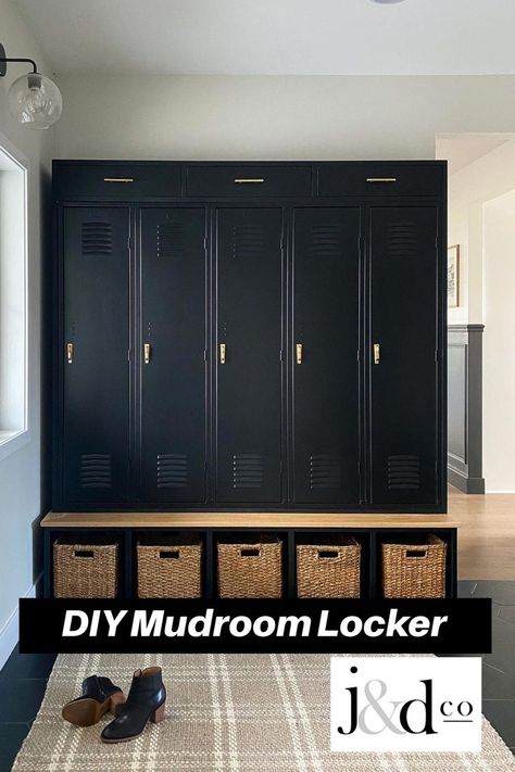 Black built-in mudroom lockers Entry Lockers, Garage Lockers, Entry Way Lockers, Kids Locker, Home Lockers, Built In Lockers, Diy Locker, Vintage Lockers, Mudroom Lockers