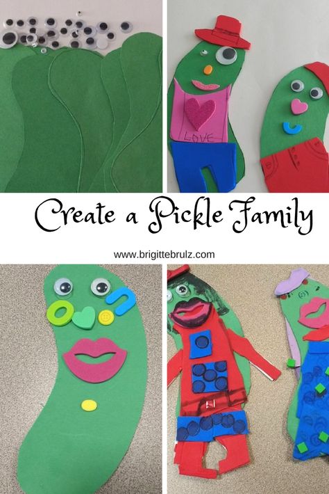 Create a pickle family using green construction paper, googly eyes, and foam pieces after reading the book Pickles, Pickles, I Like Pickles! Pickle Activities Preschool, Silly Crafts For Preschoolers, Pickle Crafts Preschool, I Hear A Pickle Activities, Pickle Crafts For Kids, Pickle Crafts, Pickle Birthday, Pickle Art, Pickle Party