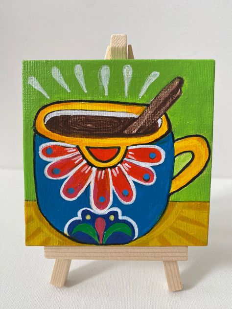 Mini Canvas, Mexican Folk Art, Painting For Kids, Acrylic Art, Folk Art, Art For Kids, Coffee Cups, Cute Art, Acrylic Painting