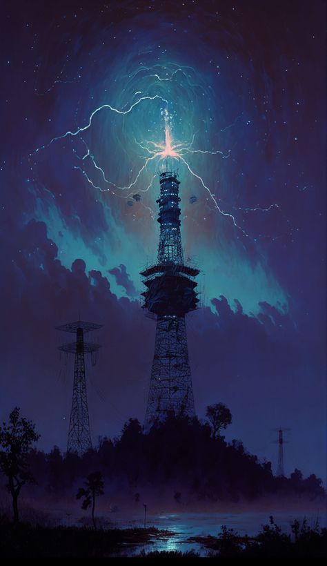 #Wardenclyffe #Tower #nikola #tesla #nikolatesla #electric #electricity #portal #weapon #beam #scifi #science #sciencefiction #power #surreal #surrealsim Nikola Tesla Painting, Tesla Tower, Wardenclyffe Tower, Electricity Art, Power Towers, Inner Sanctum, Cell Tower, Electric Field, Poster Painting