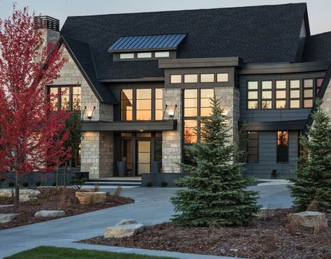 Extraordinary transitional home boasts timeless appeal in South Dakota Roof Pitches, 3d Architectural Rendering, Transitional House, Exterior Stone, Dream House Exterior, Transitional Design, Residential Design, Modern House Exterior, House Designs Exterior