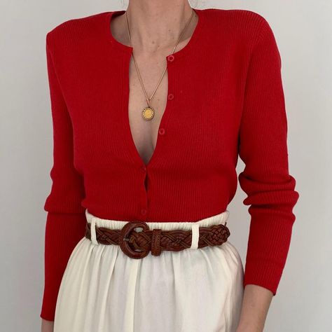 Red Cardigan Outfit, Deux Birds, Ootd Red, First Day Outfit, 2024 Inspiration, Poppy Color, Rib Knit Cardigan, Poppy Red, Office Outfit