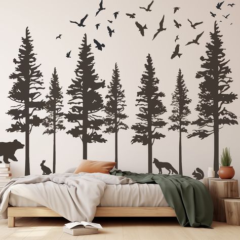 Tree Accent Wall Nursery, Painted Pine Trees On The Wall, Tree Theme Nursery, Wood Themed Nursery, Boys Woodland Bedroom, Woodlands Nursery, Woodland Nursery Wall, Forest Bedroom, Vinyl Wall Decor