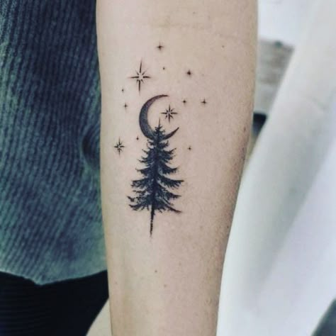 Pine Tree With Snow Tattoo, Winter Forest Tattoo, Christmas Theme Tattoo, Tree And Stars Tattoo, Winter Inspired Tattoos, Christmas Themed Tattoos, Winter Themed Tattoos, Winter Solstice Tattoo, Pine Forest Tattoo