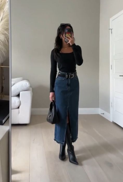 Black Denim Skirt Outfit, Skirt Outfit Fall, Skirt Outfits Fall, Looks Country, Denim Skirt Outfits, Fashion Mistakes, Modest Fashion Outfits, Autumn Outfit, Outfit Inspo Fall