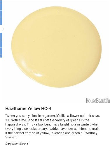 Hawthorne Yellow - Ben.  Moore Hawthorn Yellow Benjamin Moore, Yellow Cottage Exterior, Behr Exterior Paint Colors For House, Yellow Shed, Hawthorne Yellow, Behr Exterior Paint, Yellow House Exterior, Benjamin Moore Exterior, Yellow Paint Colors