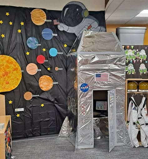 Space Craft Decorations, Space Themed Classroom Transformation, Space Themed Decorations Diy, Space Hallway Decorations, Galaxy Theme Classroom Decor, Easy Space Decorations, Outer Space Library Theme, Diy Space Decorations For Classroom, Astronomy Decorations