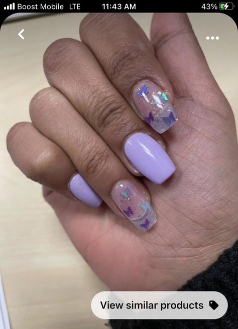 Pastel Purple Nails With Butterflies, Purple Nail Designs Butterfly Short, Lilac Nails Acrylic Short, Clear Nails With Butterflies, Nails Butterflies Design, Birthday Nails With Butterflies, Purple Nails Butterfly Short, Short Butterfly Nail Designs, Gel Nails Purple Pastel