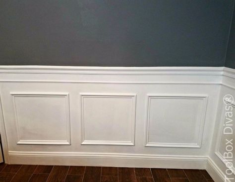 Install Picture Frame Moulding - Budget Friendly Wainscoting Gray Screen, Wainscoting Height, Wainscoting Nursery, Picture Frame Wainscoting, Wainscoting Stairs, Wainscoting Kitchen, Wood Wainscoting, Painted Wainscoting, Wainscoting Bedroom