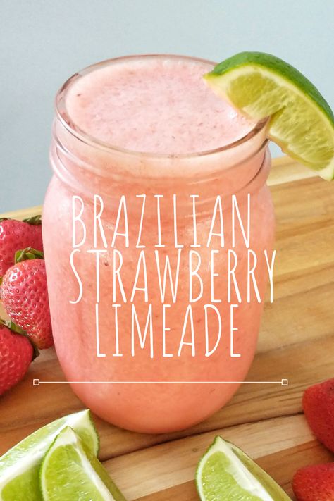 Glass of Brazilian strawberry limeade Fresco, Brazilian Limeade, Brazilian Kitchen, Brazilian Drink, Creamy Lemonade, Limeade Drinks, Unique Drinks, Brazilian Lemonade, Strawberry Limeade